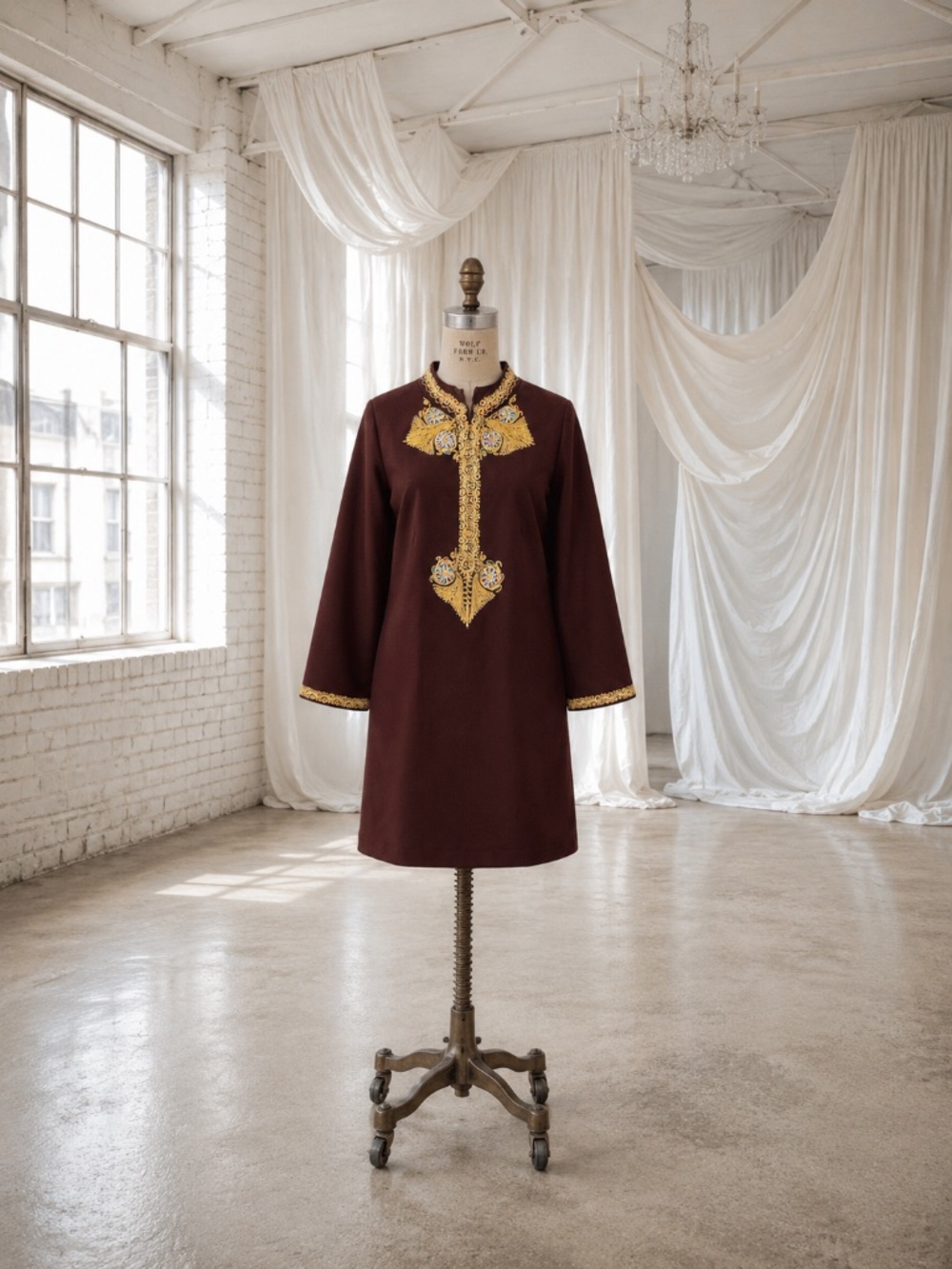 Vintage 1960s Chocolate Brown & Gold Embroidered Tent Trapeze Dress Hostess